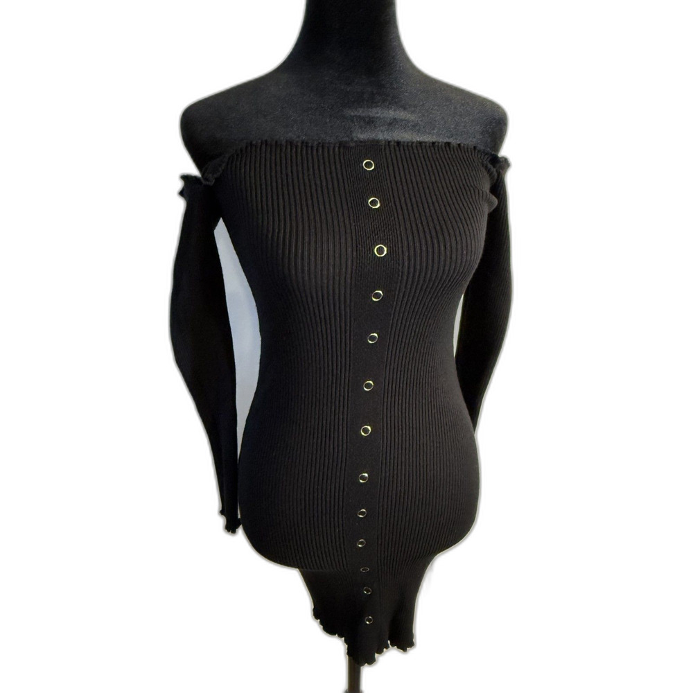 Windsor Black Ribbed Off-Shoulder Mini Dress — Gold Detail, Long SleevesSize S